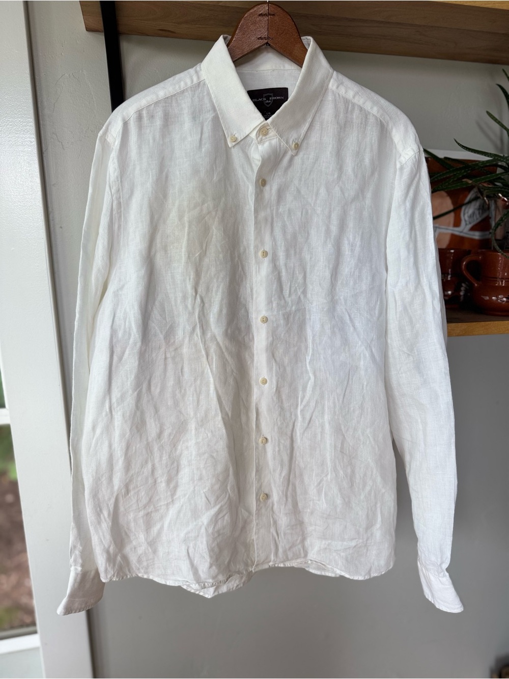 Black Brown 1826 White Linen Button-Down Shirt Size Large